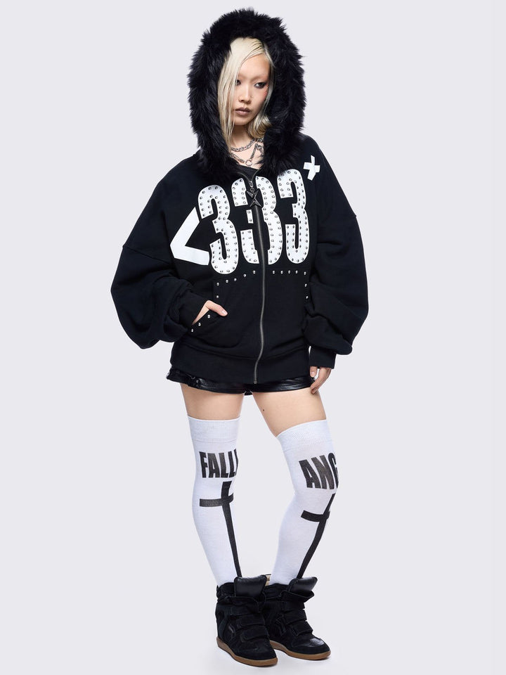 Graphic Zip Up Hoodie with Faux Fur Hood in Black | Minga London