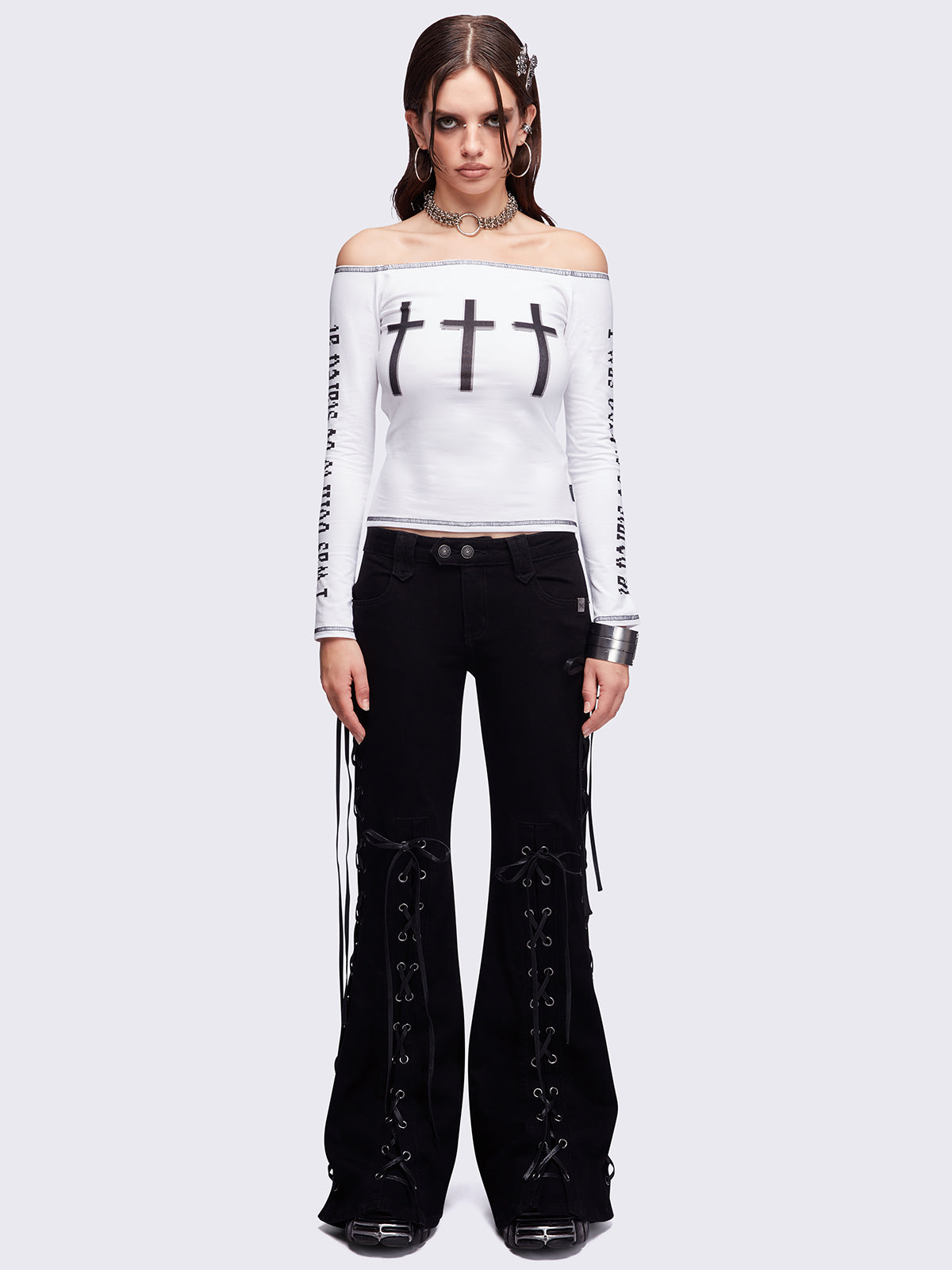 Black lace up flared jeans.