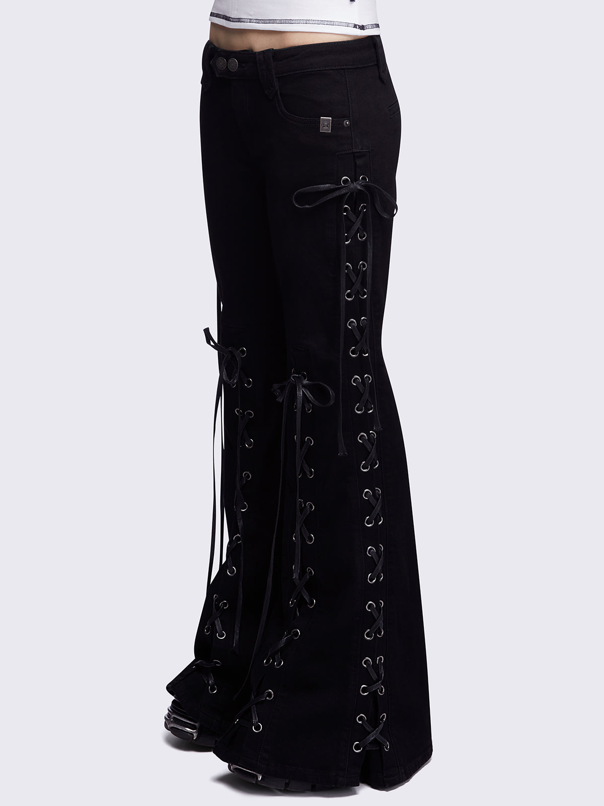 Black lace up flared jeans.