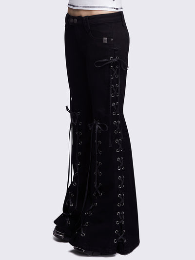 Black lace up flared jeans.