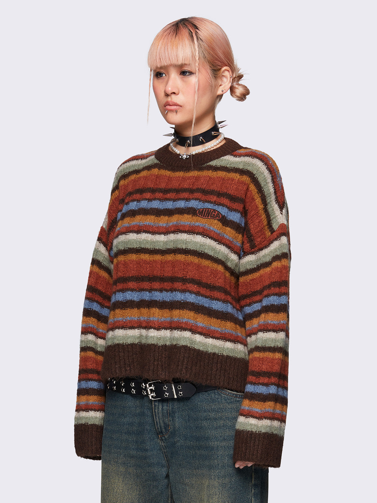 Striped knit sweater in multicolor vintage grandpa style, cozy and retro-inspired fashion by Minga London