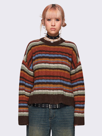 Striped knit sweater in multicolor vintage grandpa style, cozy and retro-inspired fashion by Minga London