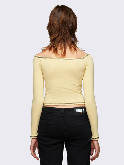 Yellow Off Shoulder Slogan Graphic Long Sleeve Top