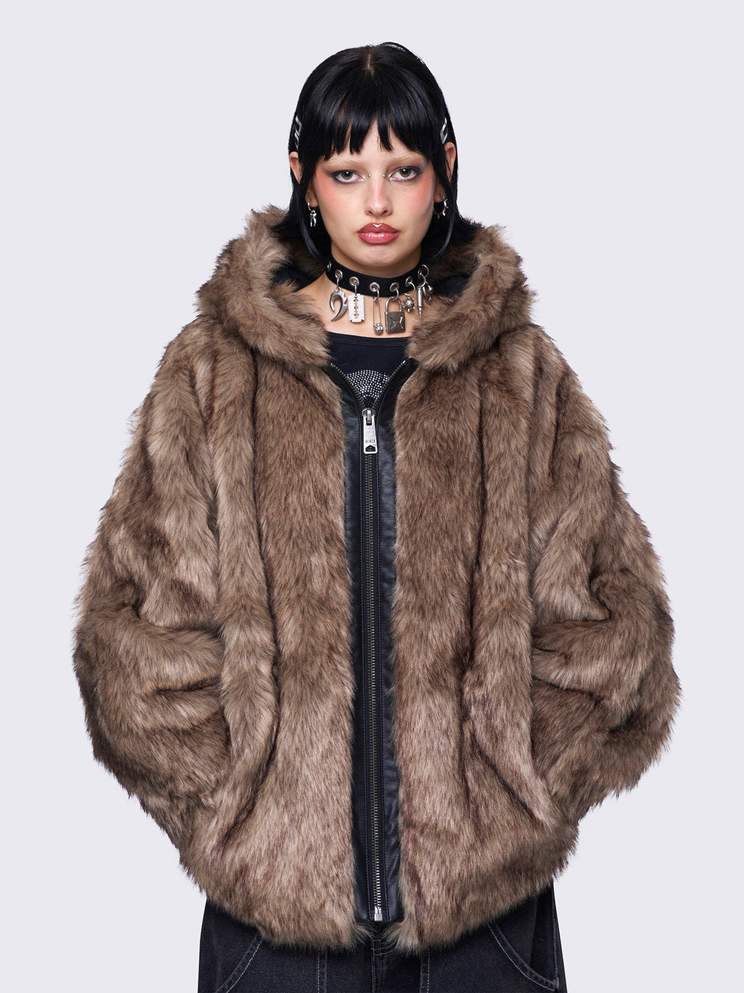 Brown Faux Fur Hooded Jacket - Oversize Fit Outerwear | Minga