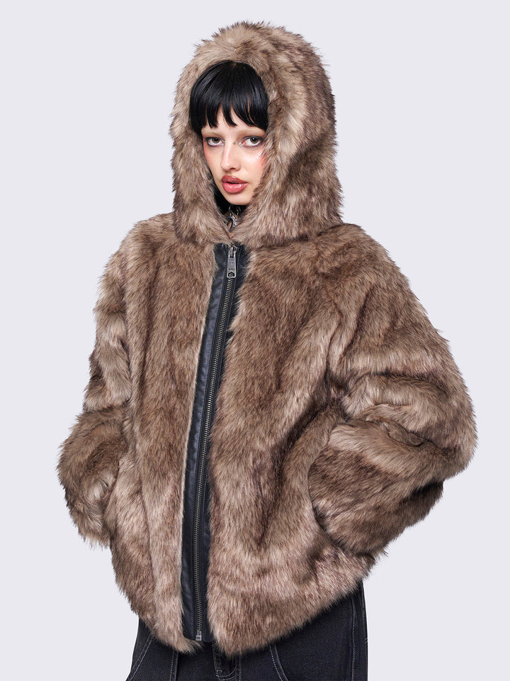 Brown Faux Fur Hooded Jacket - Oversize Fit Outerwear | Minga