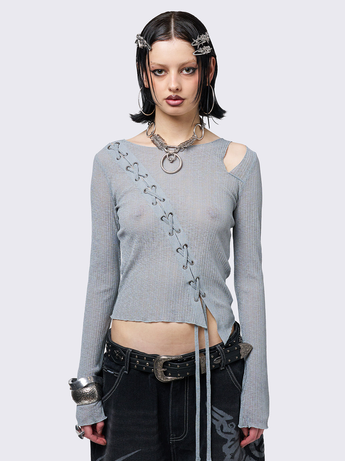 Asymmetric top in grey with lace up and cut out detail.