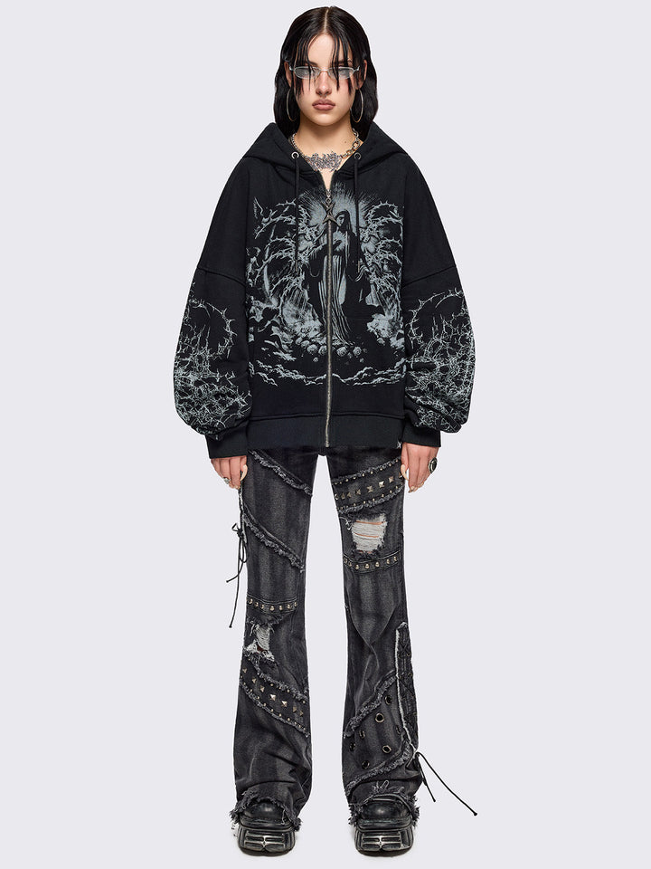 【極美品】HEUGN  (Black / Size 1) Black Zip-Up Hoodie with Sacred Saint Graphic & Thorn Print