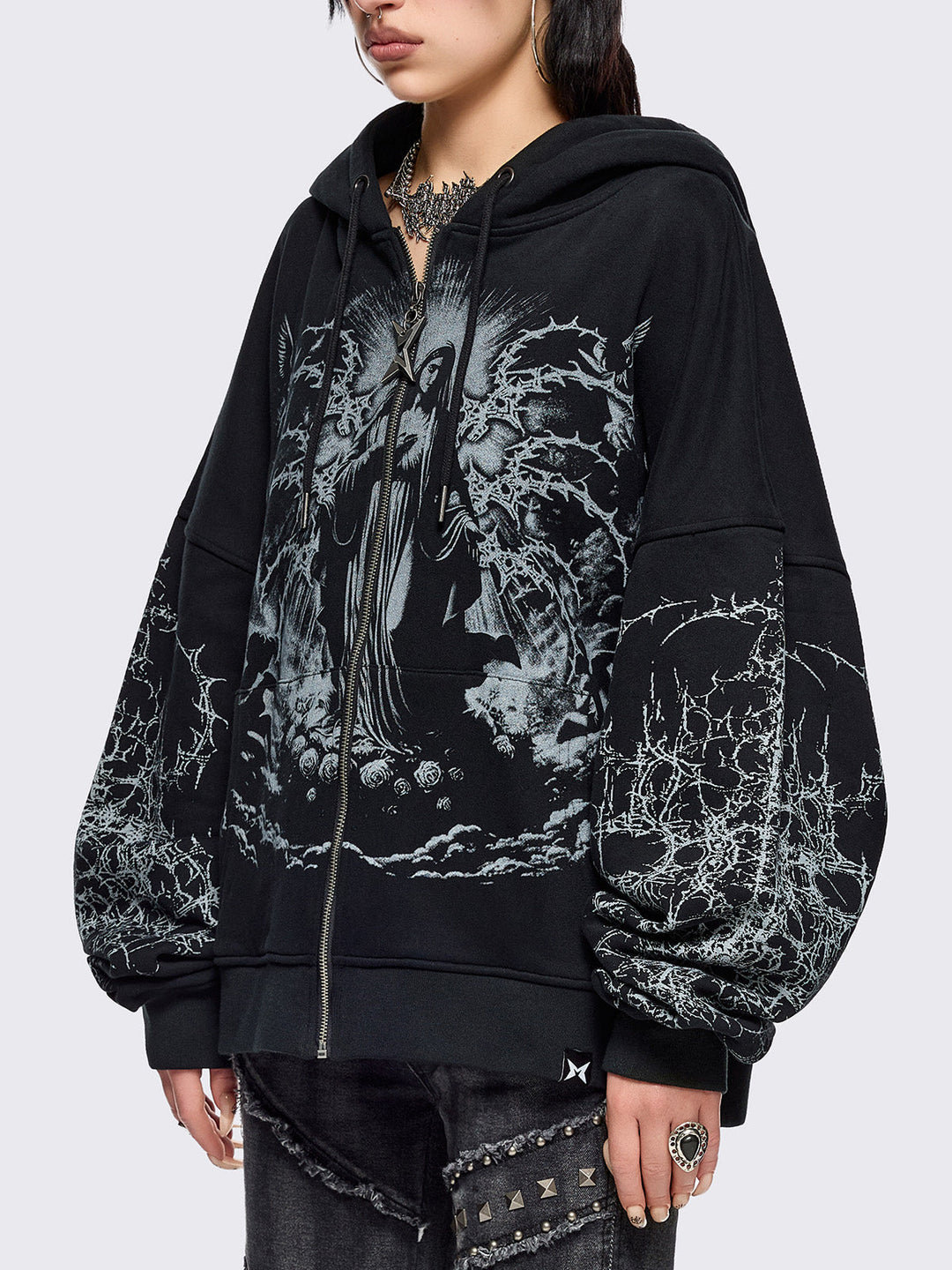 Black Zip-Up Hoodie with Sacred Saint Graphic & Thorn Print