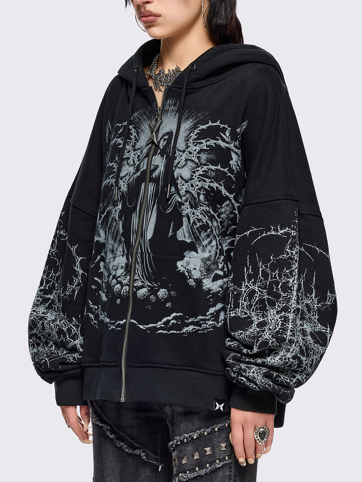 Black Zip-Up Hoodie with Sacred Saint Graphic & Thorn Print