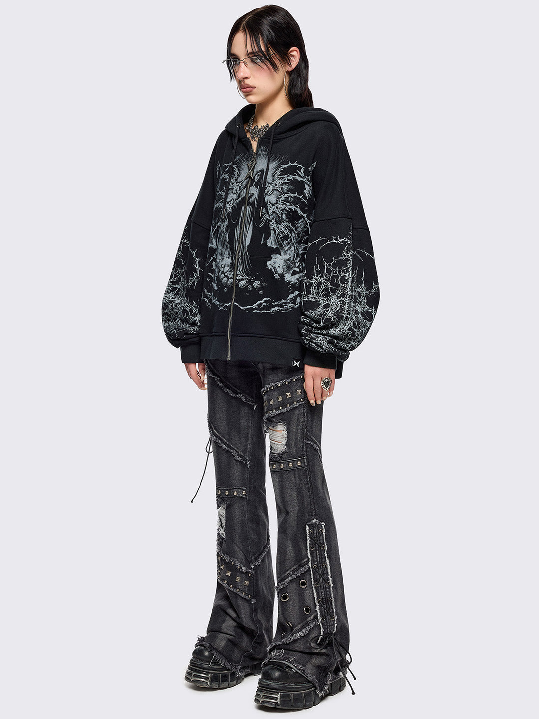 Black Zip-Up Hoodie with Sacred Saint Graphic & Thorn Print