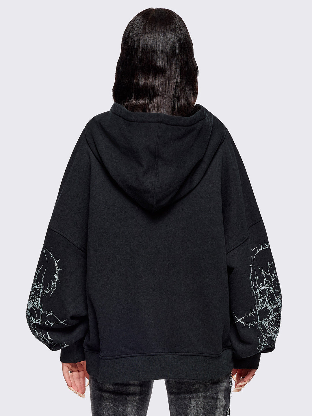 Black Zip-Up Hoodie with Sacred Saint Graphic & Thorn Print