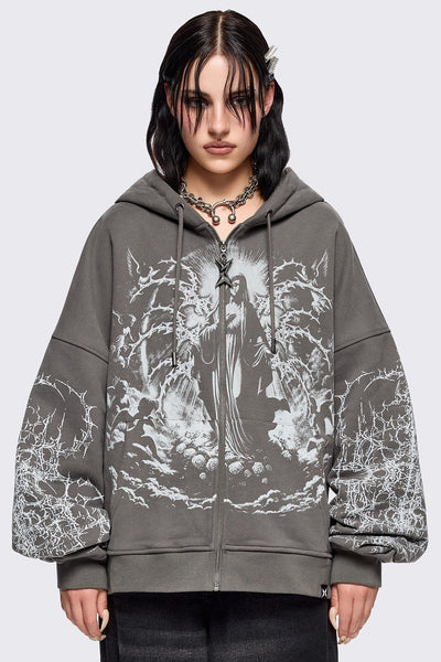 Grey Zip-Up Hoodie with Sacred Saint Graphic & Thorn Print Sleeves