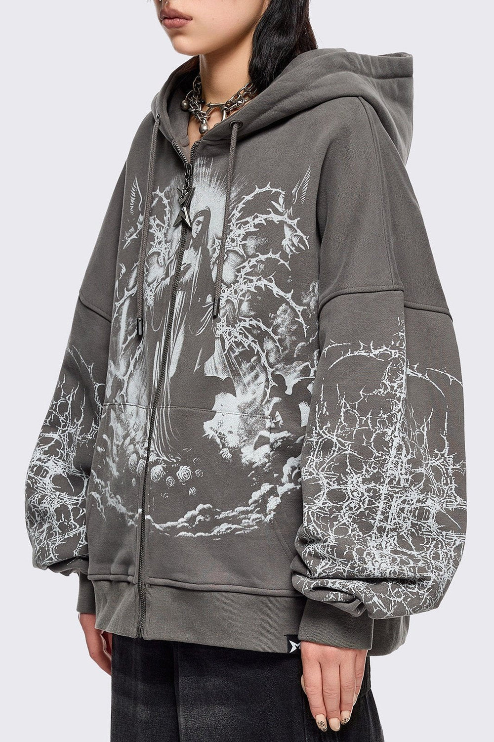 Grey Zip-Up Hoodie with Sacred Saint Graphic & Thorn Print Sleeves