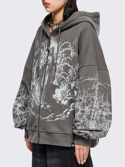 Grey zip up hoodie jacket featuring a sacred figure graphic on front and thorn sleeve prints.