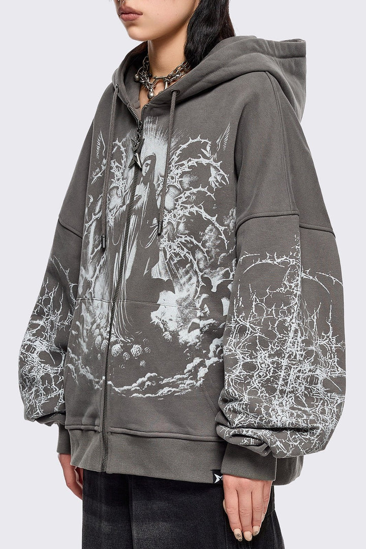 Grey Zip-Up Hoodie with Sacred Saint Graphic & Thorn Print Sleeves