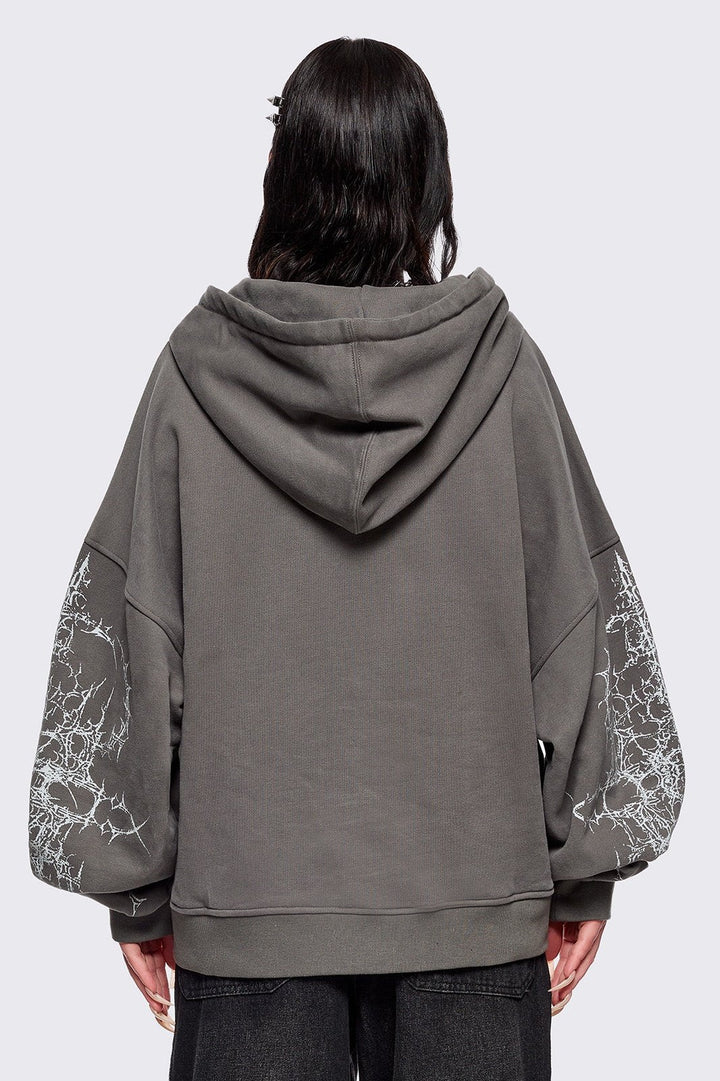 Grey Zip-Up Hoodie with Sacred Saint Graphic & Thorn Print Sleeves