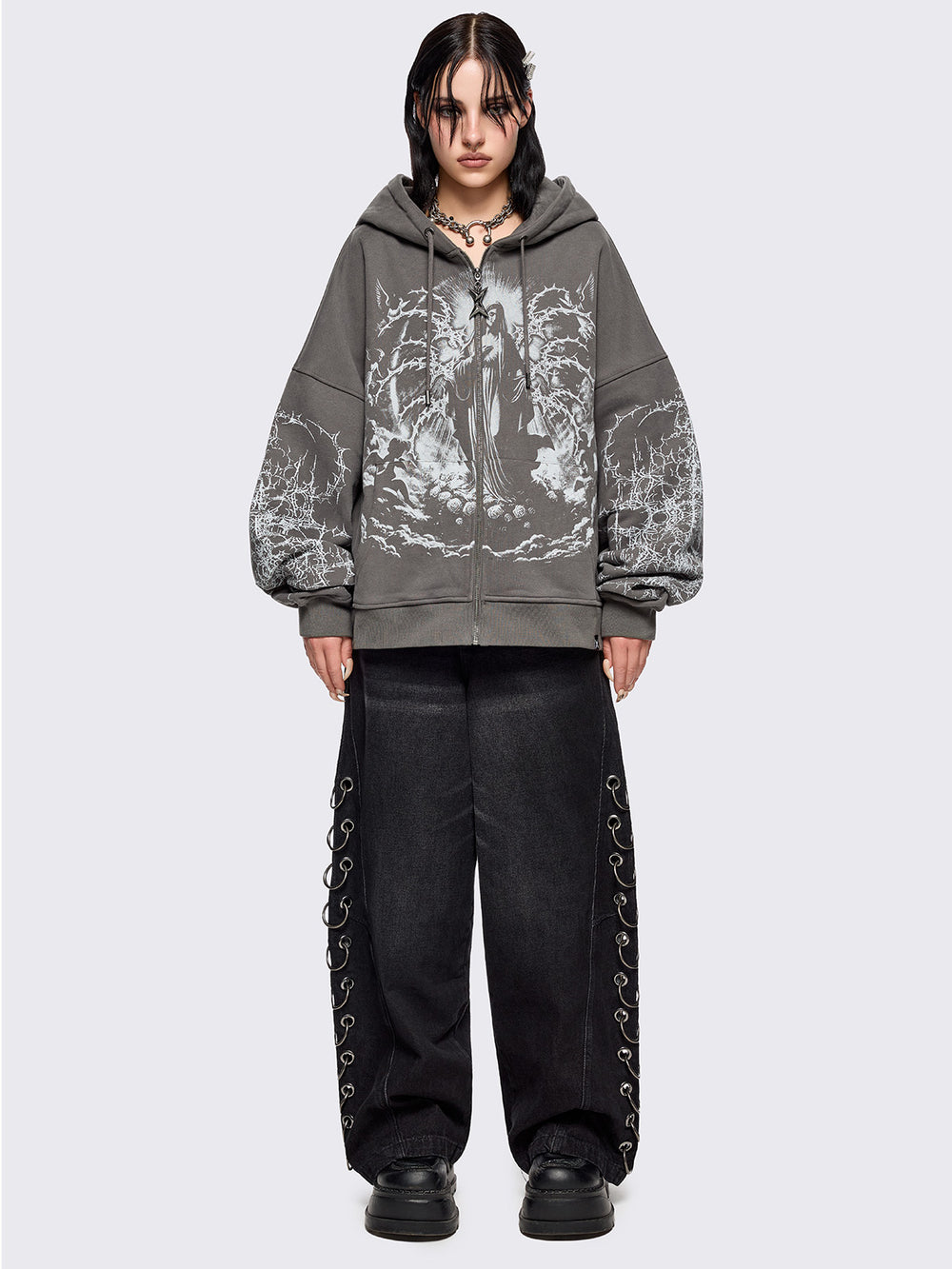 Smyeon 【Compact lace zip hoodie 】 Smyeon Lace-Trimmed Compact Zip Hoodie Black Hooded