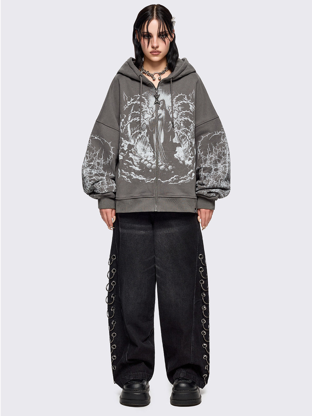 Grey Zip-Up Hoodie with Sacred Saint Graphic & Thorn Print Sleeves