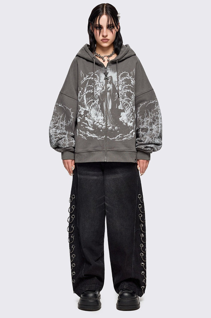 Grey Zip-Up Hoodie with Sacred Saint Graphic & Thorn Print Sleeves