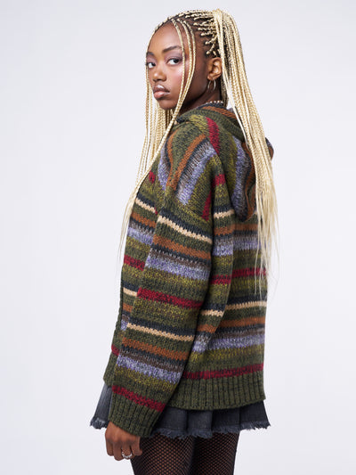 Green Oversized Striped Knitted Zip-Up Hoodie - Vintage Retro | Minga ...
