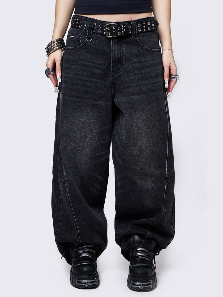 【Anyone more】24SS★ [A/M] Khama Black Denim Wide Pants Wide Leg Jeans for Women Fold Hem Palazzo Baggy Jeans with