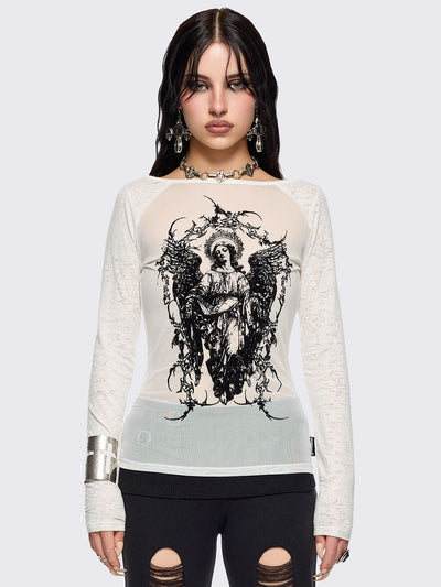 White semi-sheer long sleeve top with a black sacred figure graphic front print and mesh contrast.