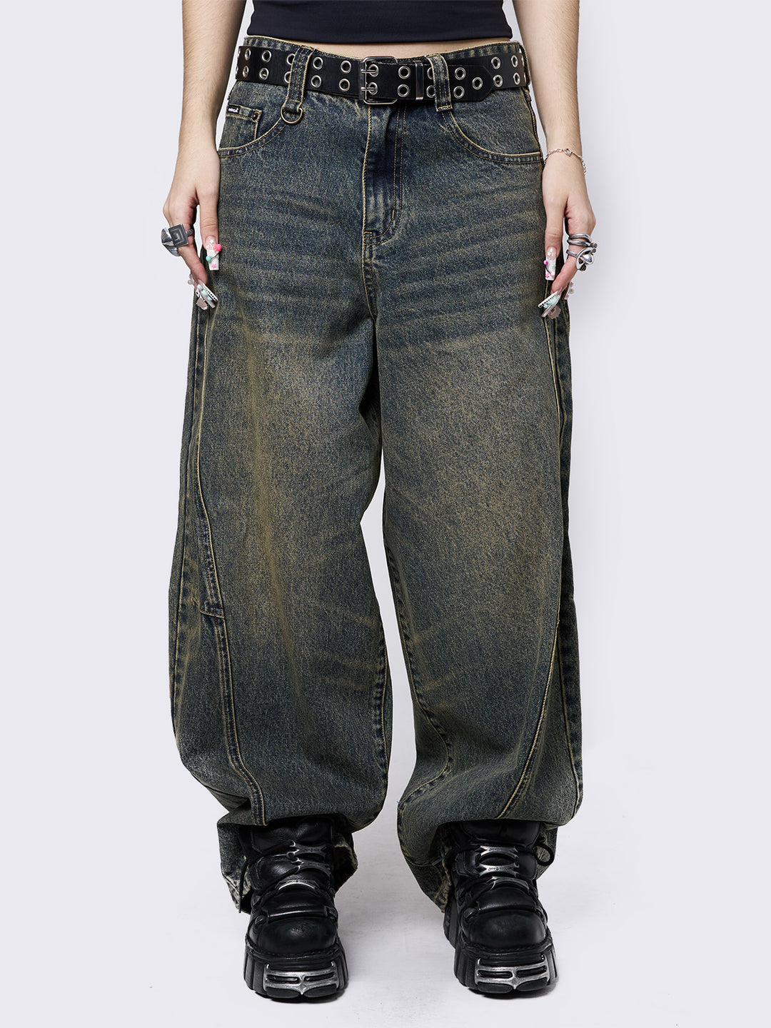 menes Dirty Mid Blue Baggy Jenans mサイズ MENES - JHYQ Dirty Mid Blue Baggy Jeans
