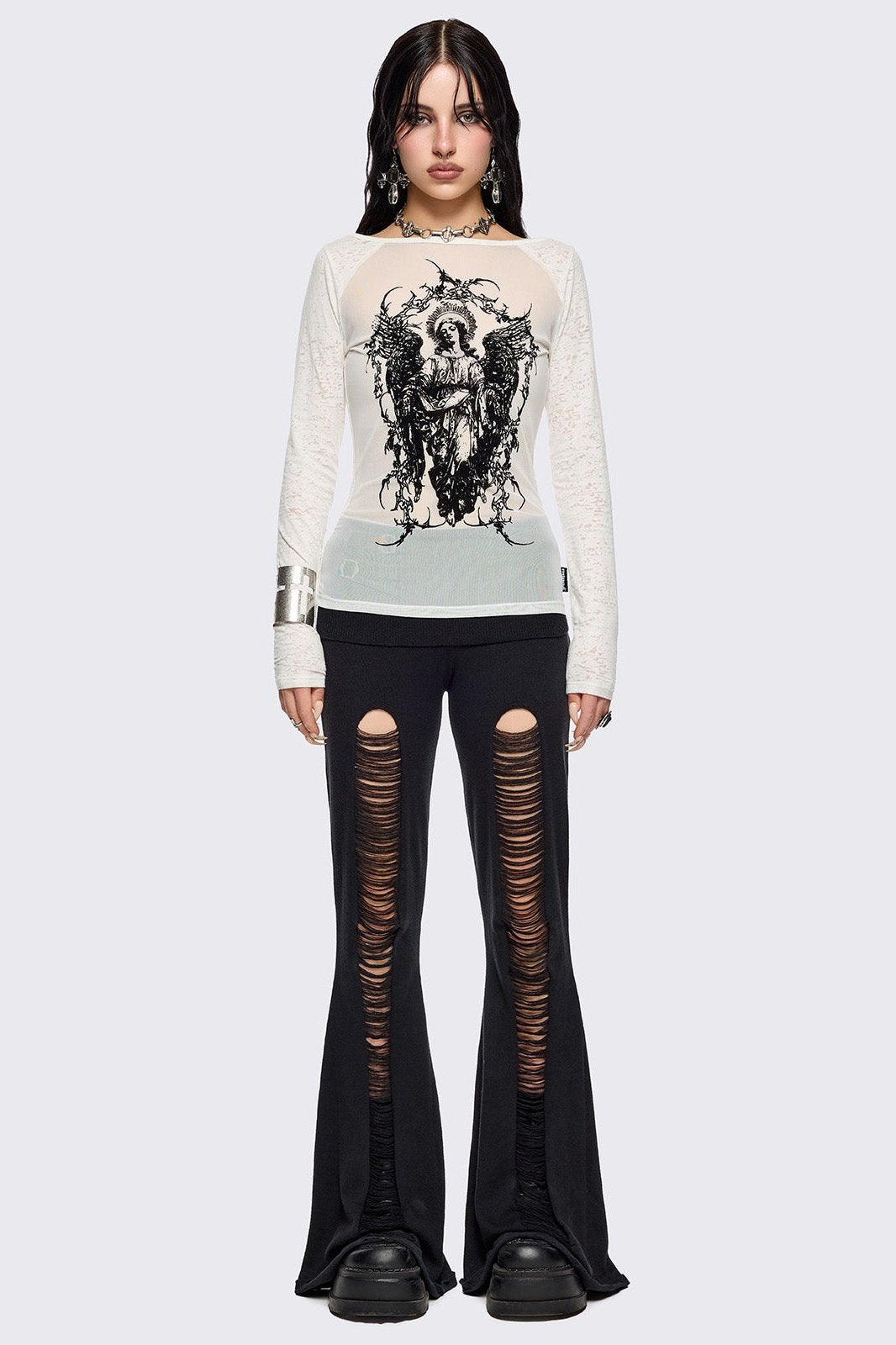 Ripped Flare Pants in Black with Folded Waistband | Minga London