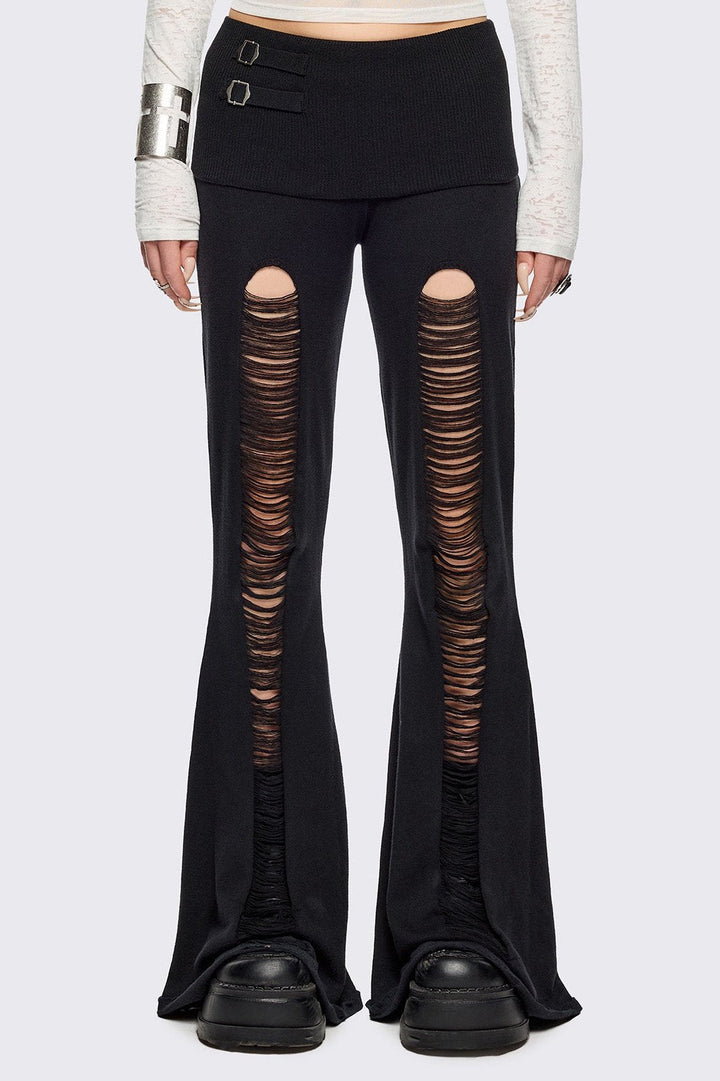 Ripped Flare Pants in Black with Folded Waistband | Minga London