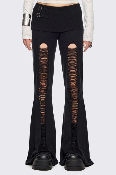 Ripped Flare Pants in Black with Folded Waistband | Minga London