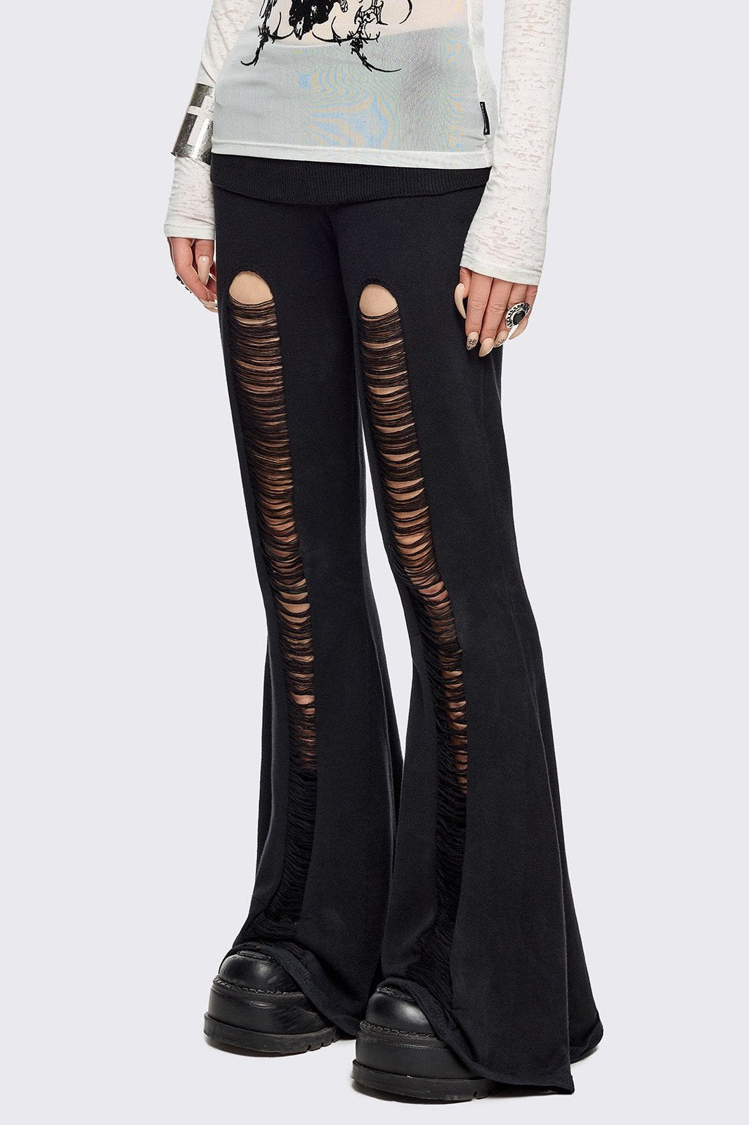 パンツ bajra Black Polyurethane Flare Pants Ripped Flare Pants in Black with Folded Waistband | Minga London