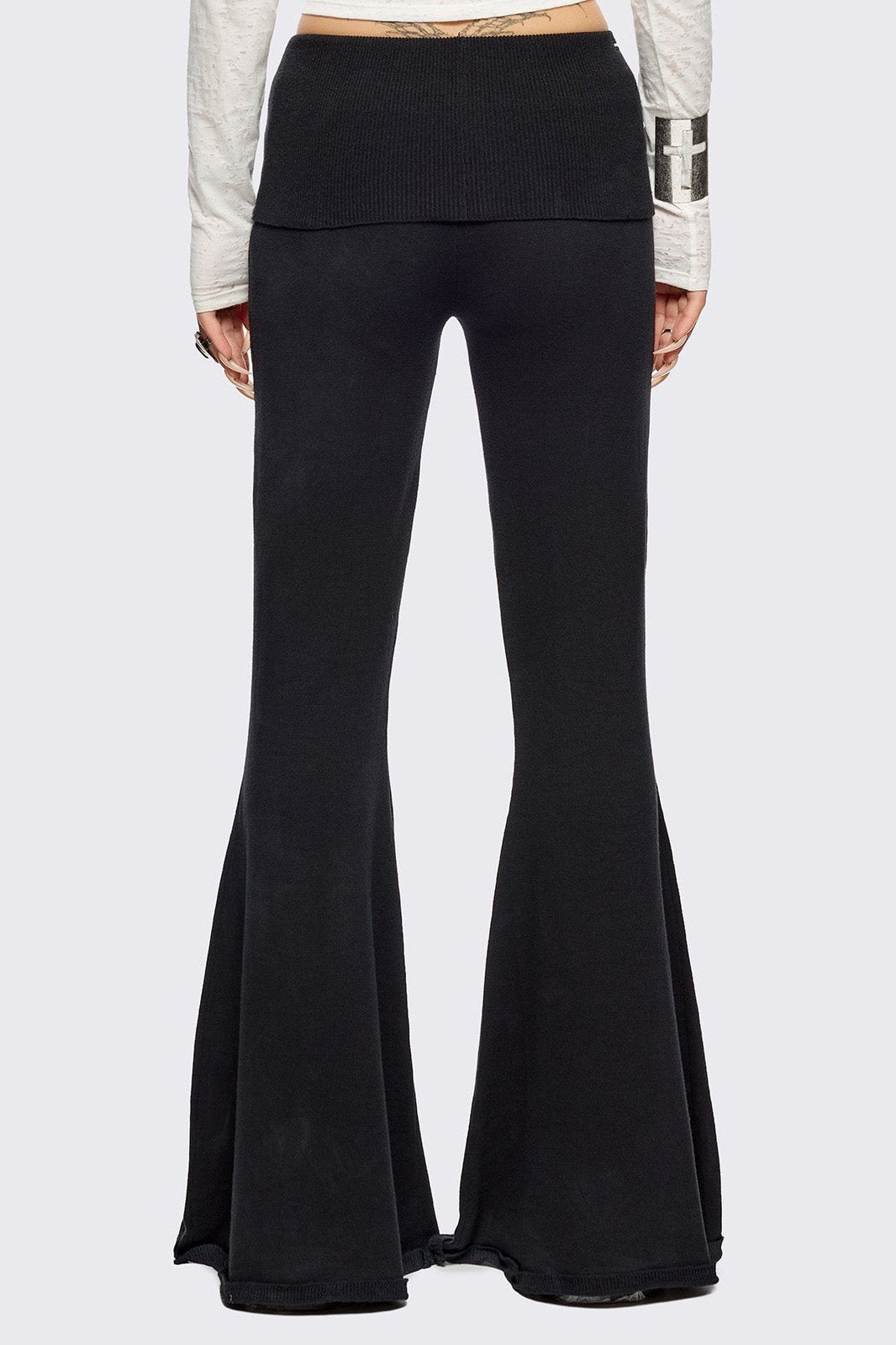 Ripped Flare Pants in Black with Folded Waistband | Minga London