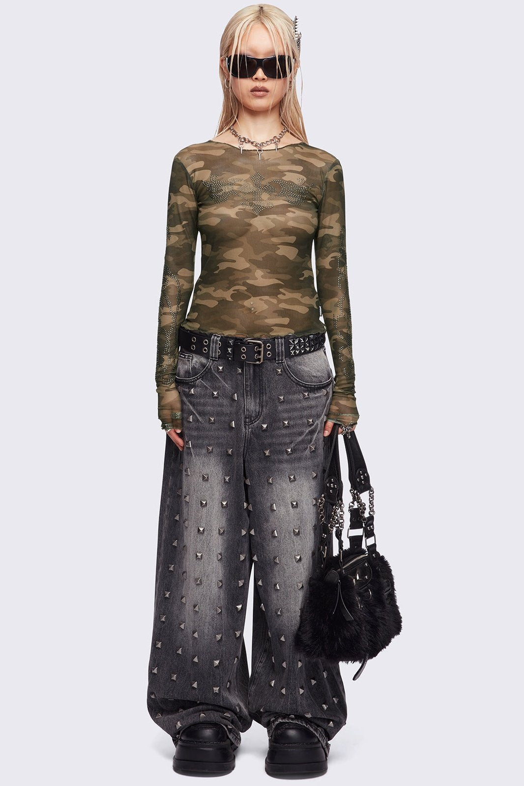 Camo Mesh Top with Rhinestone Crosses | Minga London