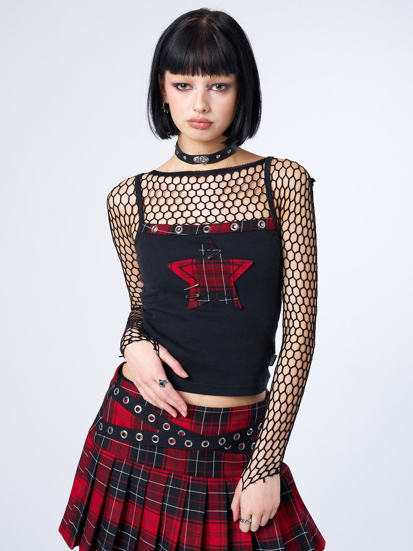 Black Cami Top with Red Plaid Star and Safety Pins - Y2K Grunge | Minga ...