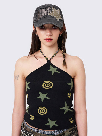 Black Halter Knitted Top with Beaded Neck Strap, Swirls and Stars 