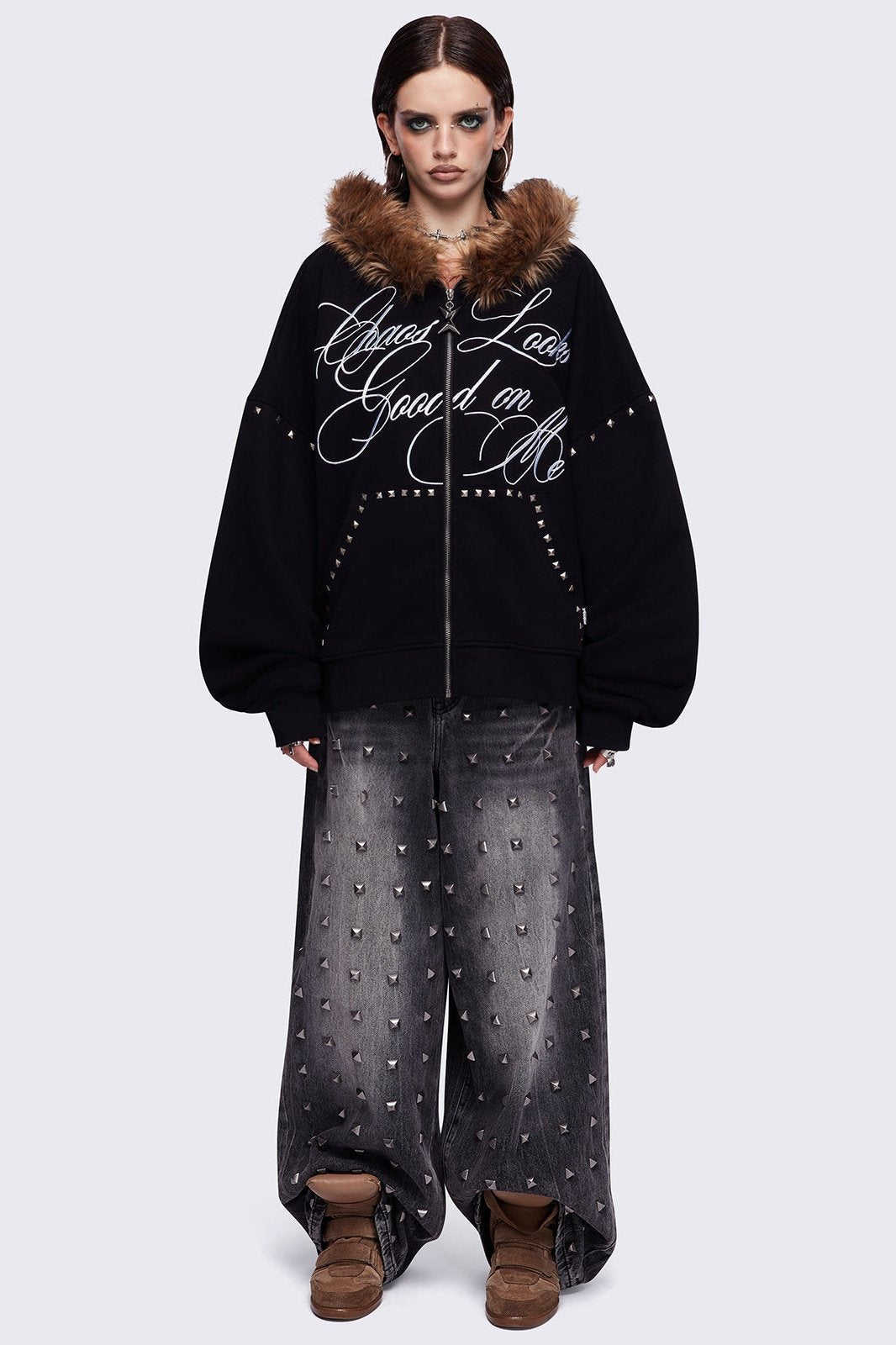 Faux Fur Black Oversized Zip Up Hoodie | Minga London – Minga