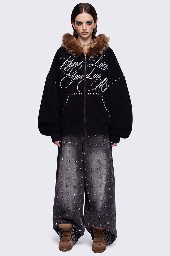Faux Fur Black Oversized Zip Up Hoodie | Minga London – Minga