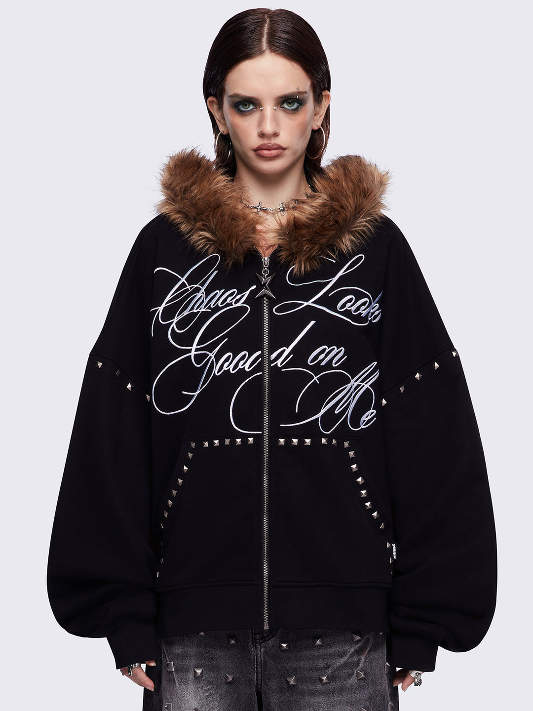 Faux Fur Black Oversized Zip Up Hoodie | Minga London – Minga