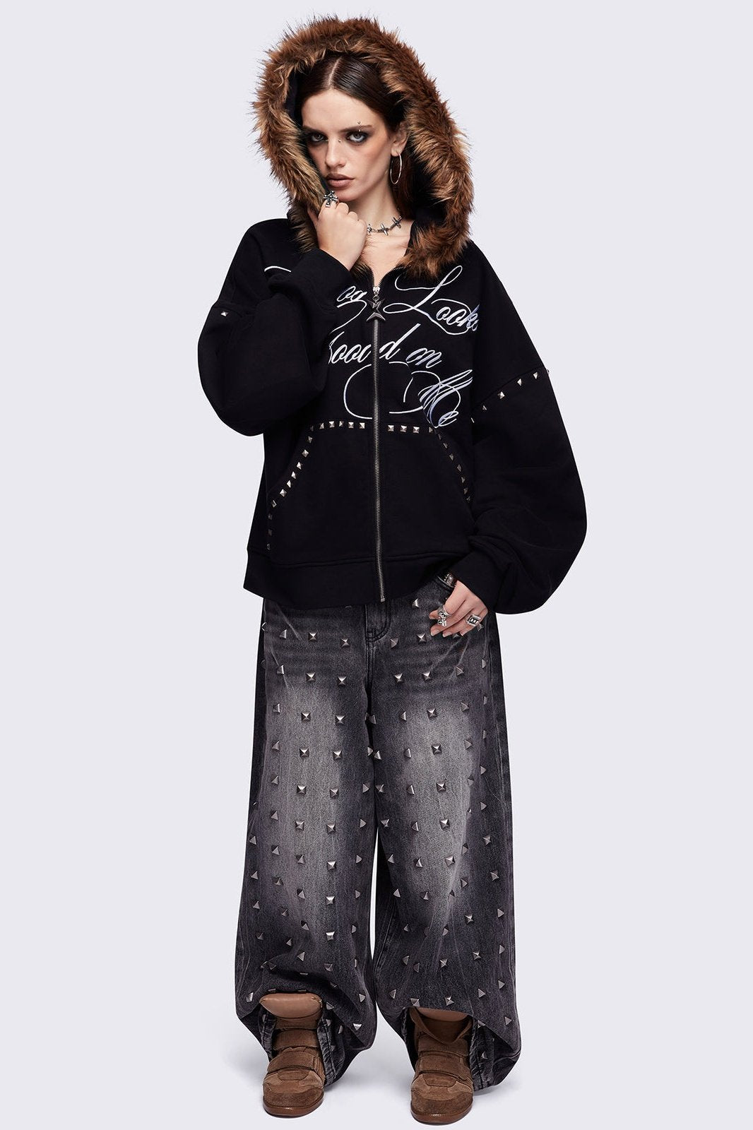 Faux Fur Black Oversized Zip Up Hoodie | Minga London – Minga