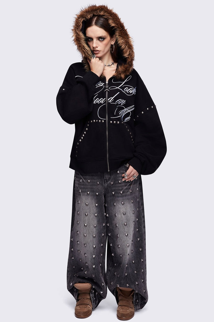 Faux Fur Black Oversized Zip Up Hoodie | Minga London – Minga