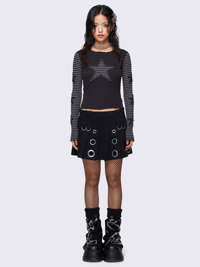 Black long sleeve top with grey striped sleeves and striped star patch on front and black stars on sleeves