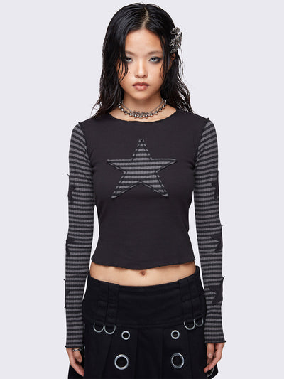 Black long sleeve top with grey striped sleeves and striped star patch on front and black stars on sleeves