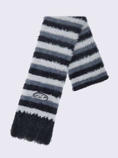 Striped tassel furry scarf in black and grey