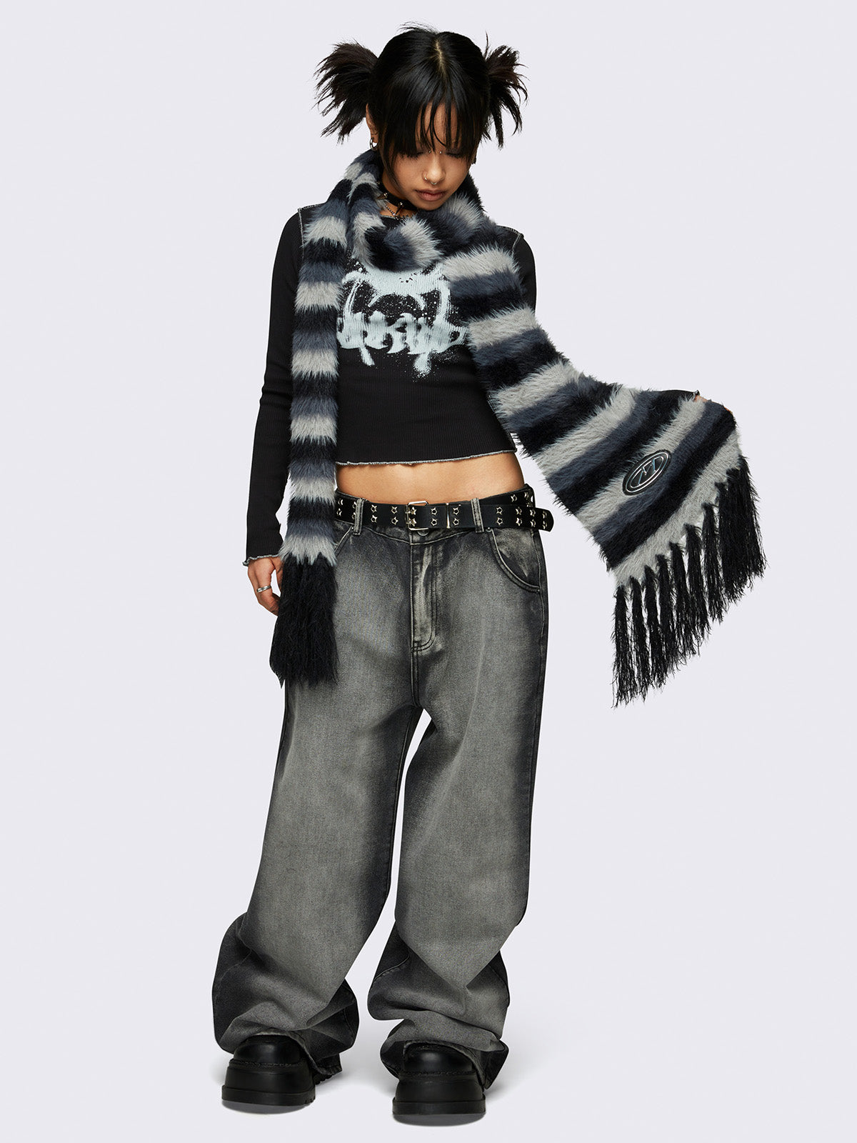 Striped tassel furry scarf in black and grey