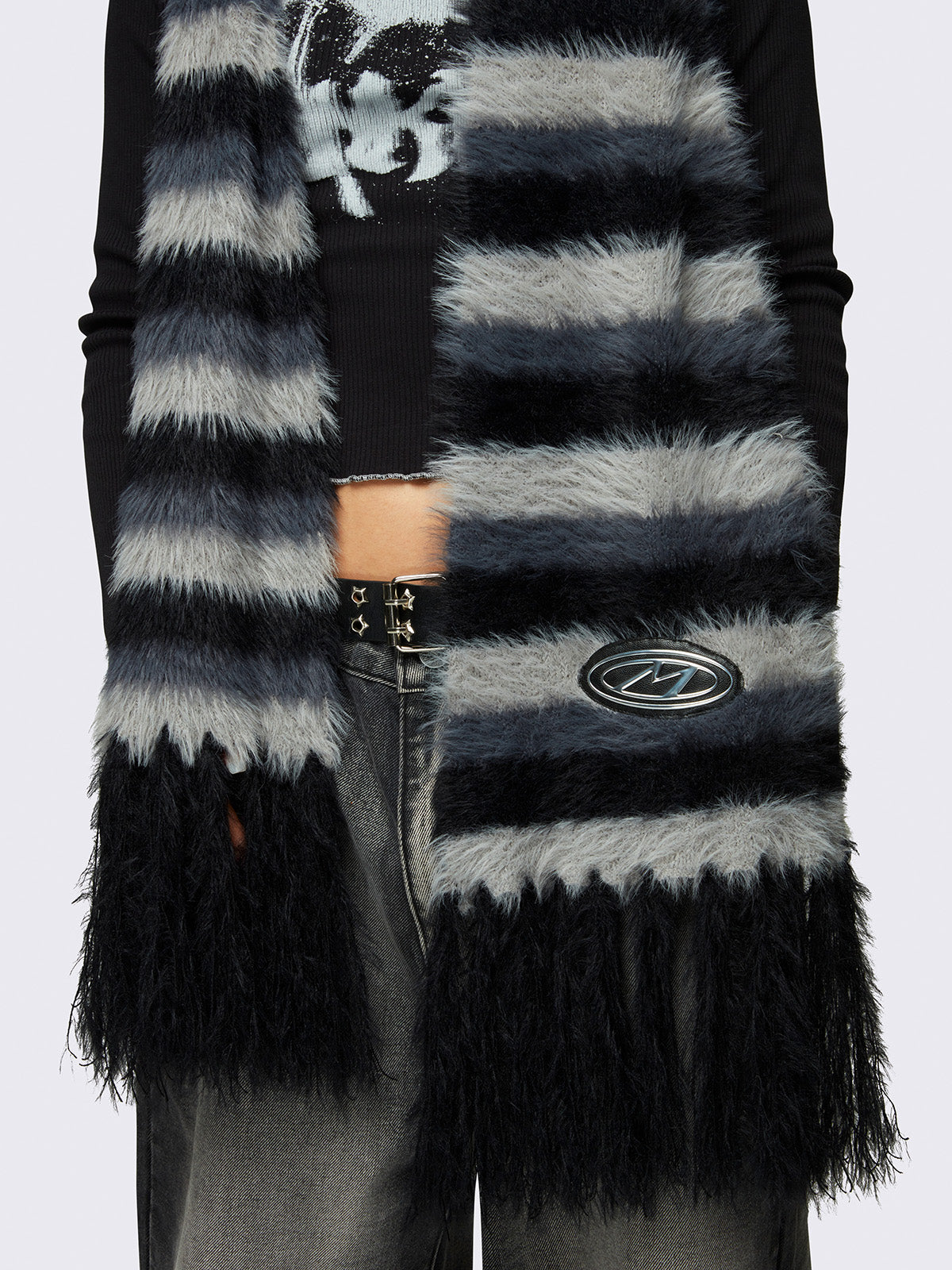 Striped tassel furry scarf in black and grey