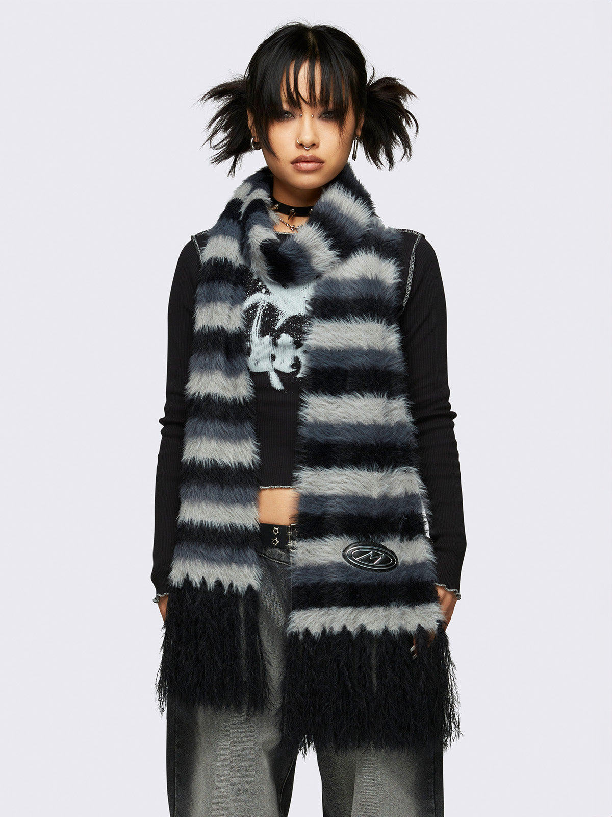 Striped tassel fluffy scarf in black and grey