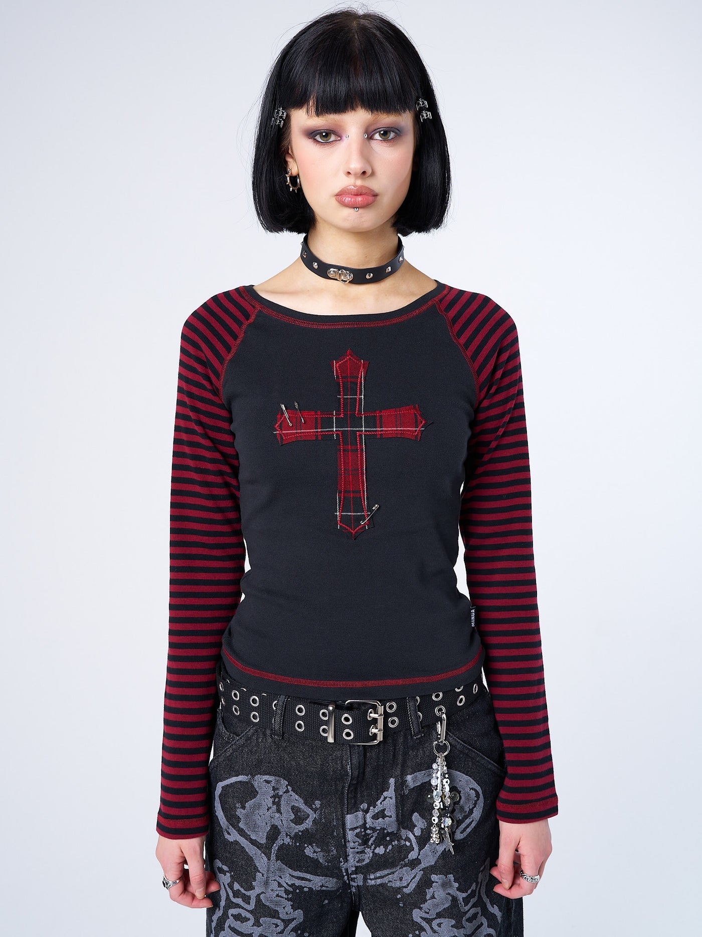 Crimson Cross Striped Sleeves Top