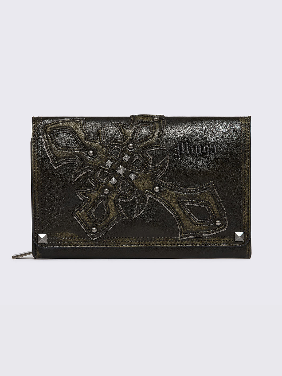 Black washed faux leather wallet featuring a cross patch and stud details.