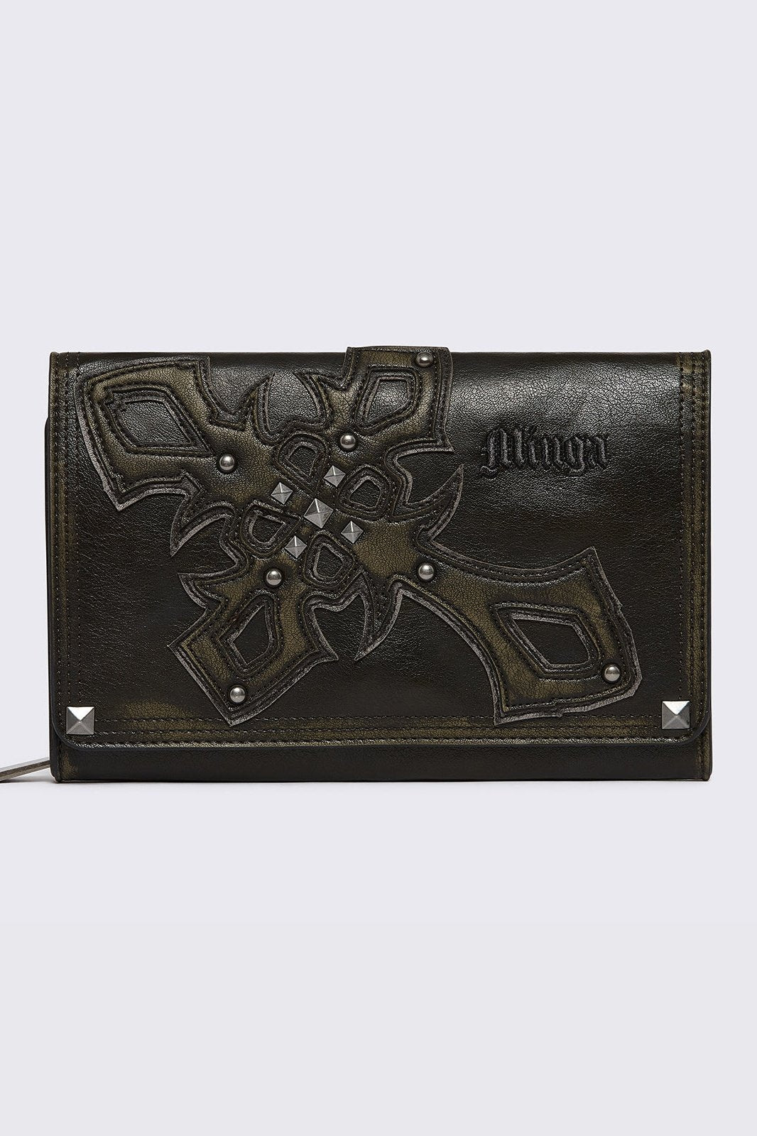 Black washed faux leather wallet featuring a cross patch and stud details.