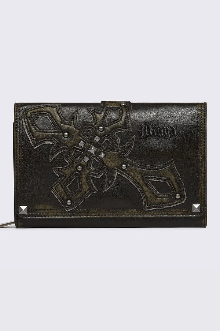 Faux Leather Wallet in Black with Embossed Studded Cross | Minga